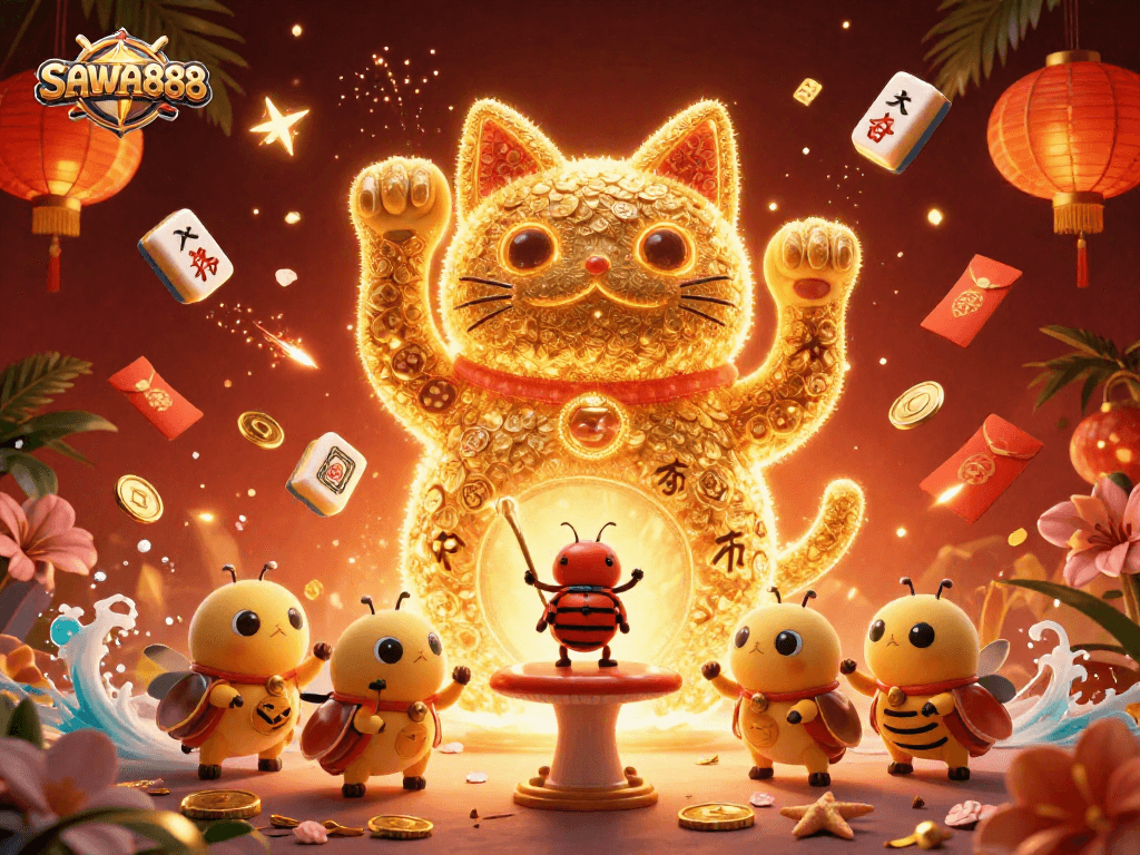 Experience thrilling gameplay with SAWA888's vibrant lucky cat and casino symbols in a dazzling 3D scene.
