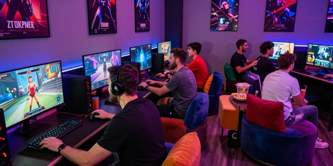 Exciting gaming lounge with adults playing online porn games and enjoying interactive experiences