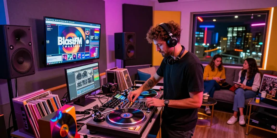 BlastFM Tweetcast showcasing DJ in vibrant studio mixing music tracks