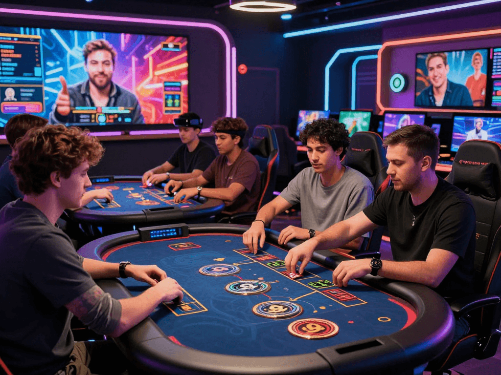 Dynamic scene of a crypto casino with players enjoying live dealer games, showcasing vibrant neon elements and interactive features.