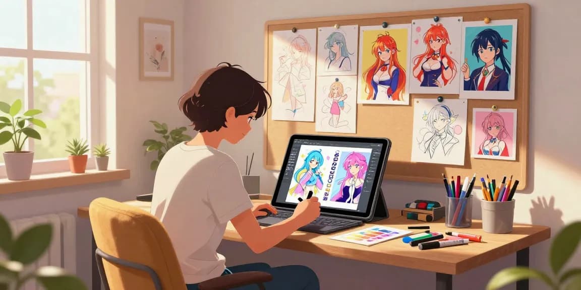 Creative artist designing ecchi ai characters in a colorful studio