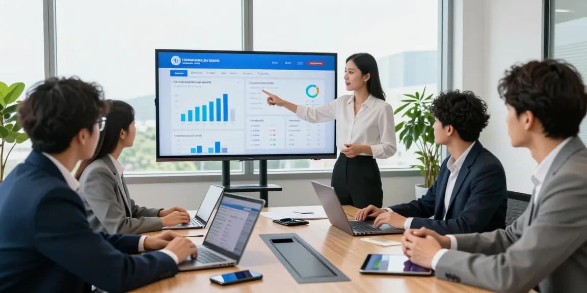 Team collaborating in a conference room, discussing local business promotion platform strategies and analytics.