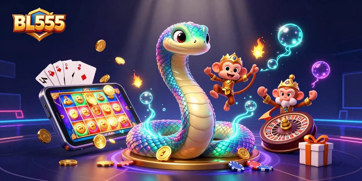 Engage with immersive gaming action at BL555 featuring a whimsical scene with the playful monkey king, enchantingly coiled rainbow serpent, and vibrant casino elements.