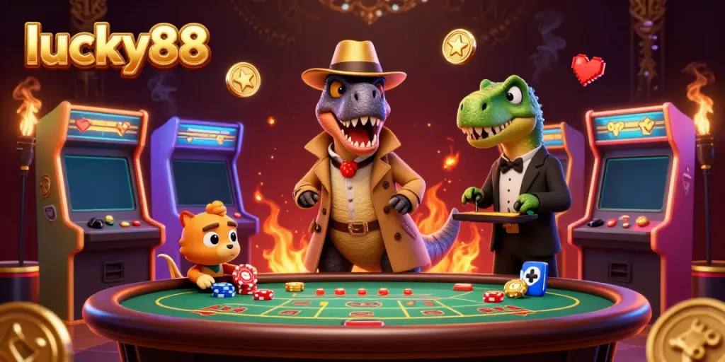 Experience thrilling gameplay at lucky88's blackjack table with a sneaky velociraptor and colorful games.