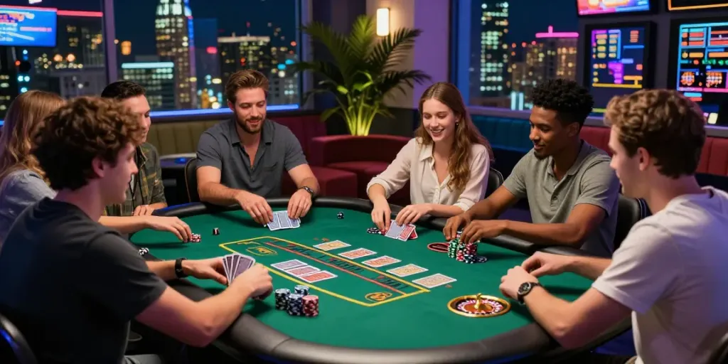 Exciting gaming room at an uk casino not on gamstop with diverse friends enjoying blackjack.
