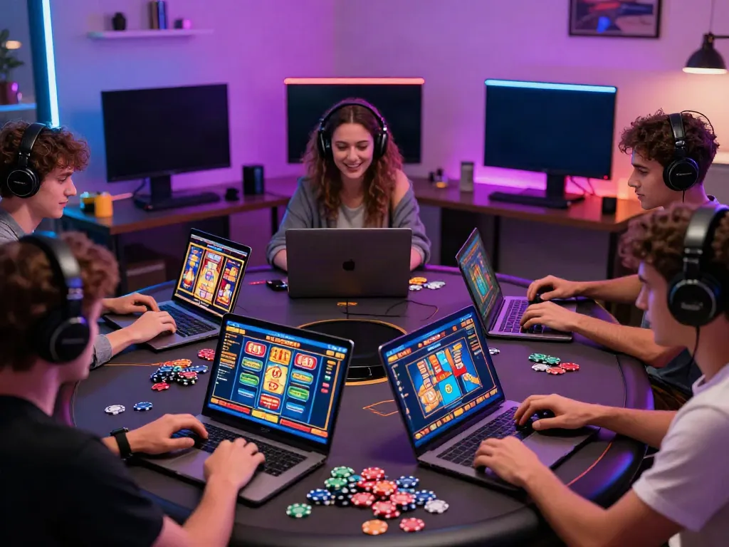 Players enjoying a lively online casino game not on GamStop with vibrant screens and chips.