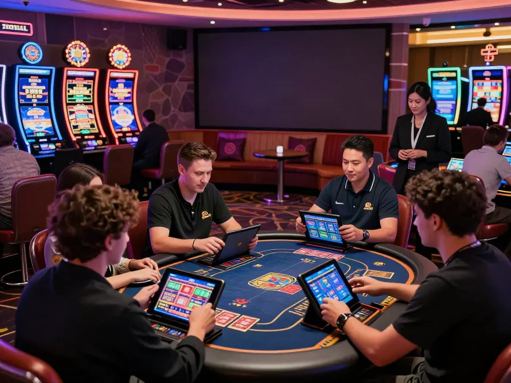 Exciting gaming scene at a UK casino not on GamStop, showcasing players enjoying interactive slot machines and vibrant neon lights.