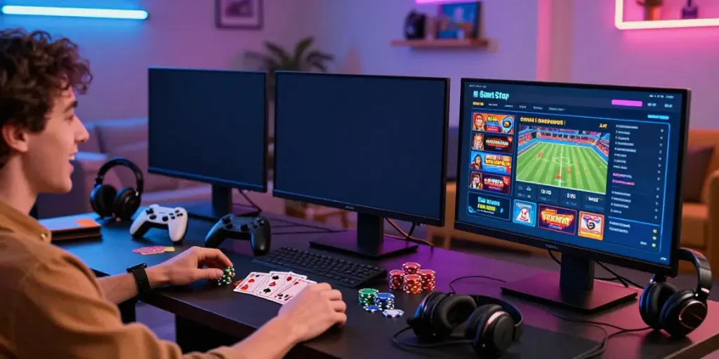 Engaged player exploring top non GamStop casinos, showcasing gaming excitement in a vibrant room.