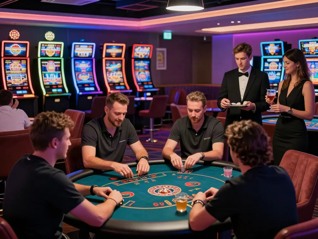 UK casino not on GamStop lively gaming lounge with players at slot machines and tables.