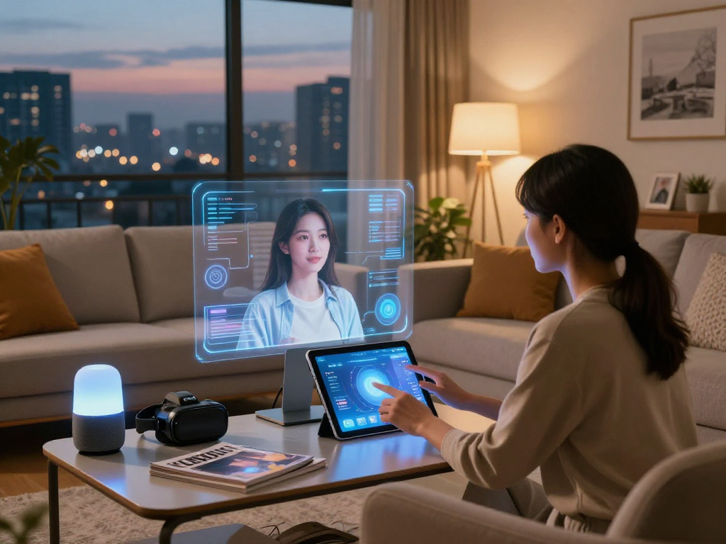 Engaging moment with an ai girlfriend technology in a modern living room, showcasing futuristic interaction and ambiance.
