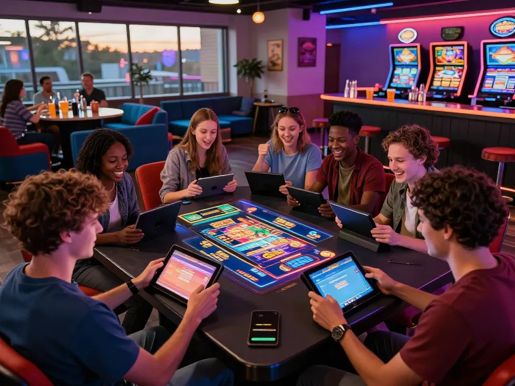 Group enjoying games at a uk casino not on gamstop with vibrant atmosphere and neon lights.