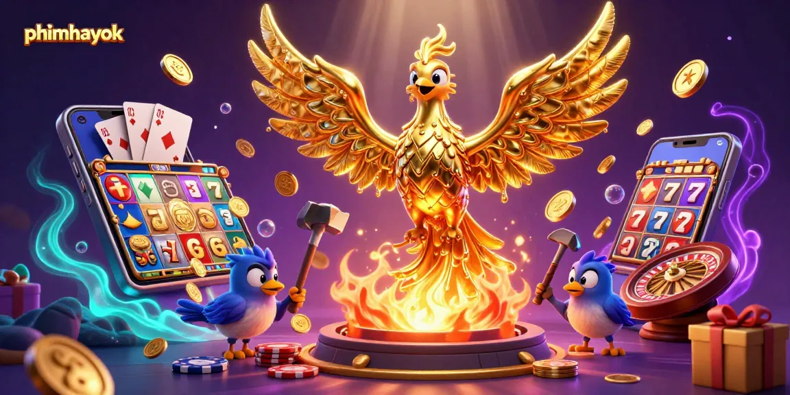 Experience thrilling gaming action with phimhayok's dynamic casino scene celebrating slots and gold.