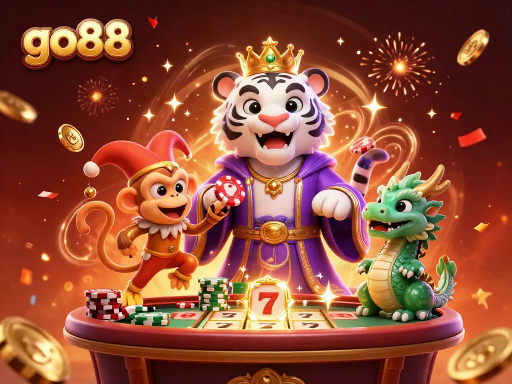 Join the excitement at go88 with an elegant white tiger, a playful monkey, and a jade dragon, all celebrating in a vibrant casino scene.