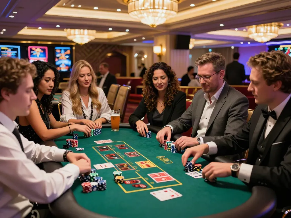 Engaged players at a UK casino not on GamStop enjoying thrilling gameplay amidst vibrant decor.