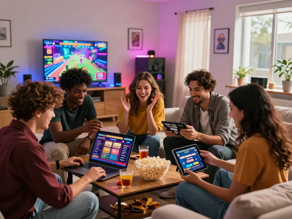 Friends enjoying online games at home, exploring a UK casino not on Gamstop.