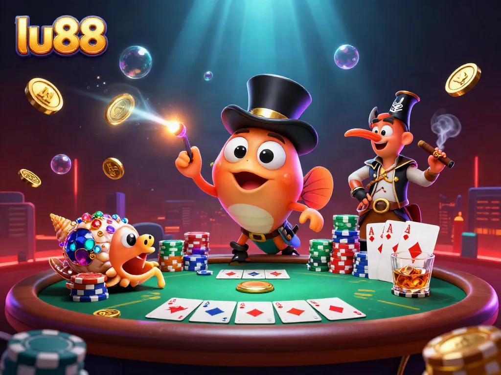 lu88 engages players with a vibrant underwater casino scene featuring an anglerfish and treasure, promoting excitement in gambling.