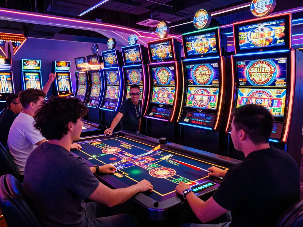 A lively scene at a UK casino not on GamStop featuring engaged players and vibrant slot machines.