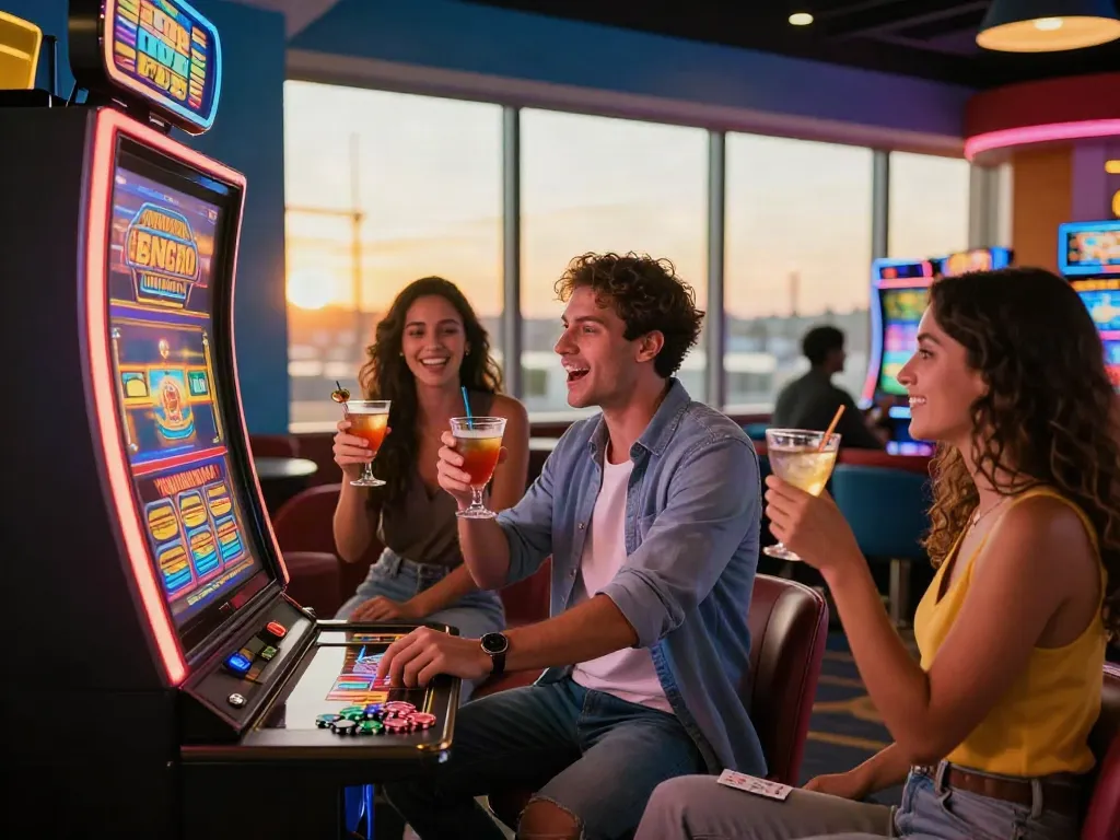 Exciting casino scene with friends enjoying fun at a UK casino not on Gamstop, featuring lively gaming atmosphere and cocktails.