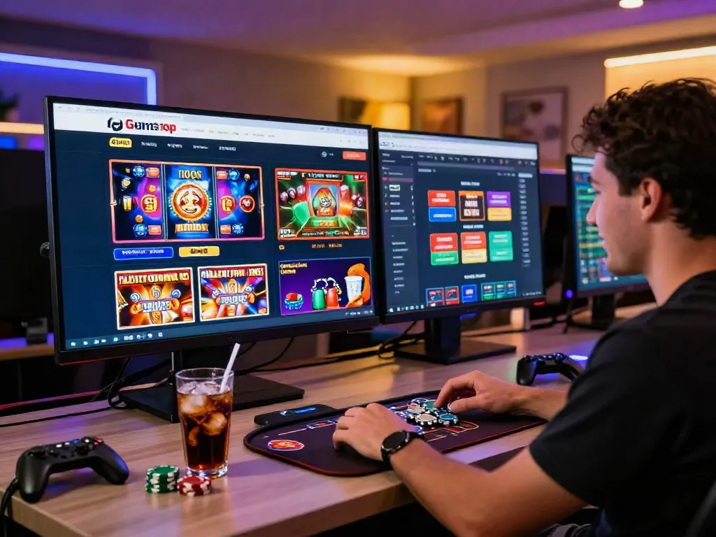 Player exploring options at a UK casino not on Gamstop, enjoying a vibrant gaming atmosphere.