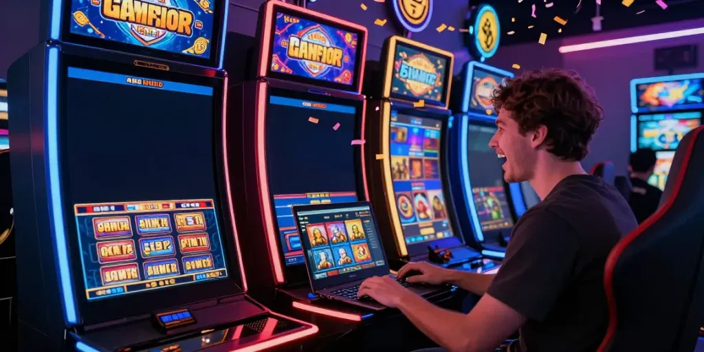 Excited player celebrating a win at a uk casino not on gamstop with colorful slot machine graphics.