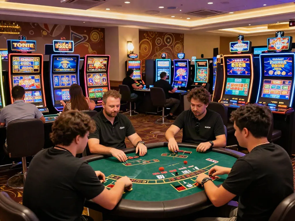 Players enjoying diverse games at a lively uk casino not on gamstop with vibrant slots and table games.