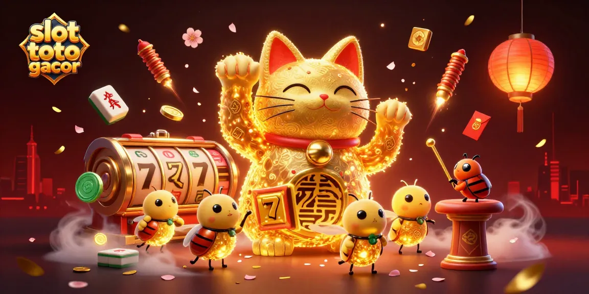Engage with slot toto gacor through a vibrant, dynamic 3D illustration showcasing casino symbols and lucky elements.