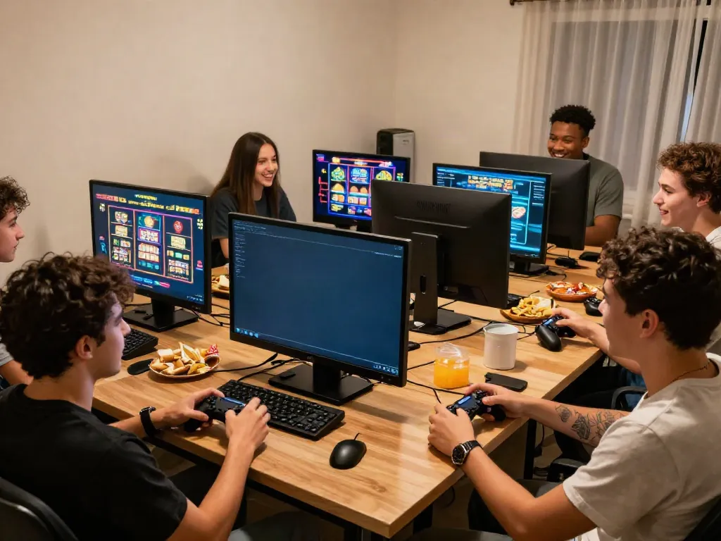 Exciting scene of friends enjoying online casino games not on GamStop.