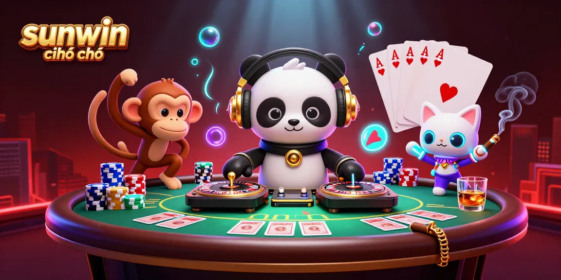 Engage with the vibrant "sunwin chính chủ" atmosphere, featuring a DJ panda, a dancing monkey, and a rave kitten in an energetic casino environment.