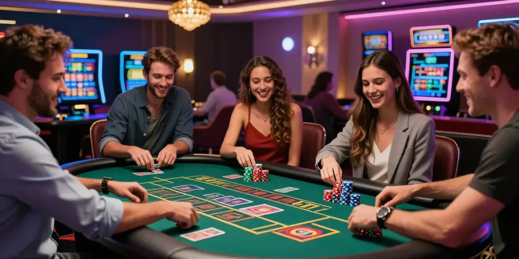 Friends enjoying gaming at a vibrant uk casino not on gamstop with roulette and chips.