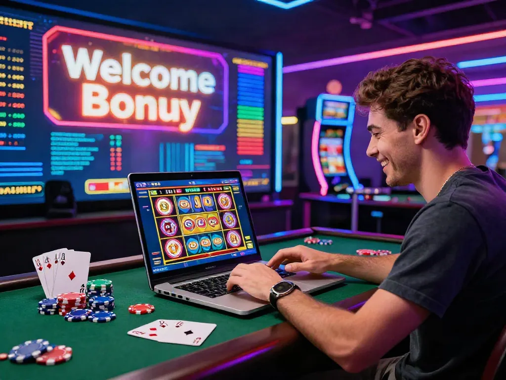 Excited player at a UK casino not on GamStop playing slots with poker chips and colorful lights.