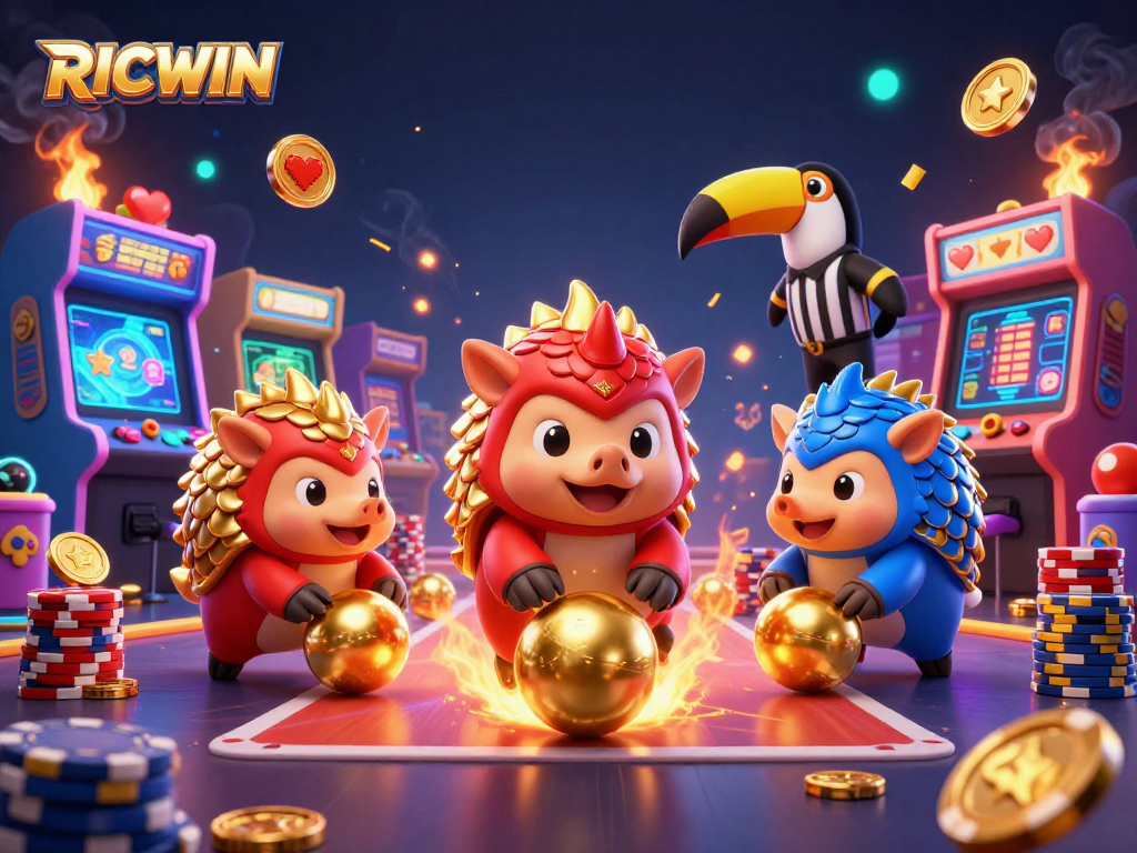 Engage in thrilling wins with RICWIN as cartoon pangolins compete in a colorful casino scene.