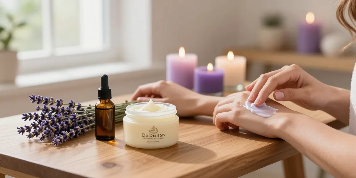 Applying De stress Whipped Body Butter in a calming spa setting with lavender and essential oils.