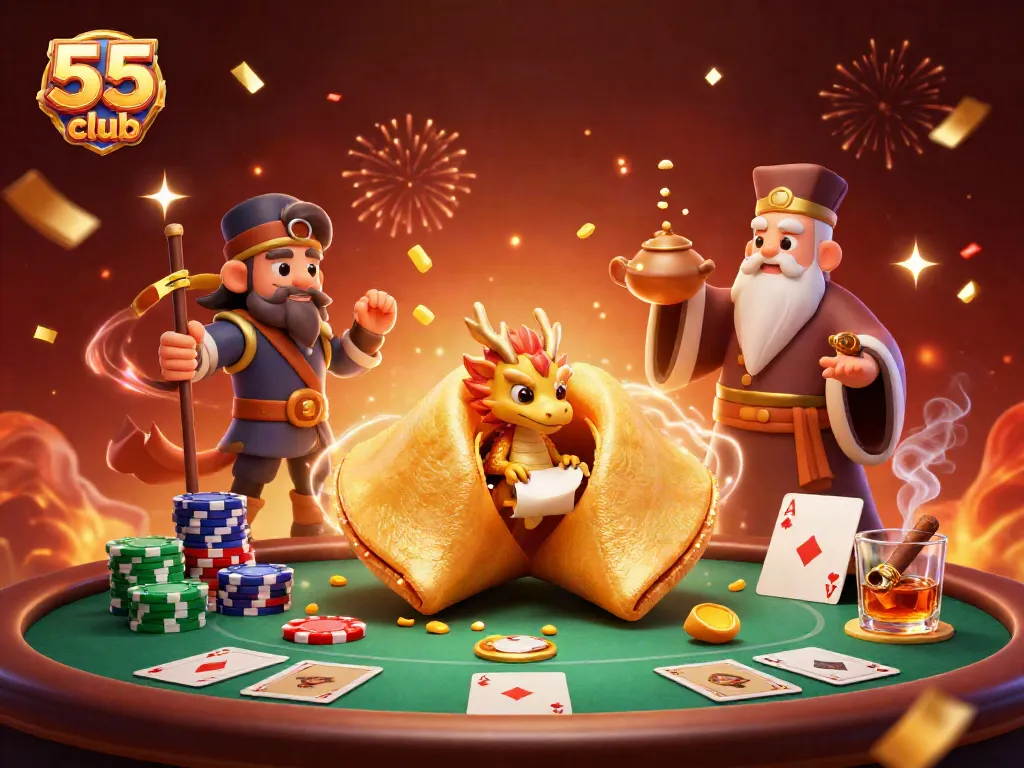 Engage in thrilling bets at 55 club with a vibrant 3D casino scene featuring dragon and golden fortune cookie.