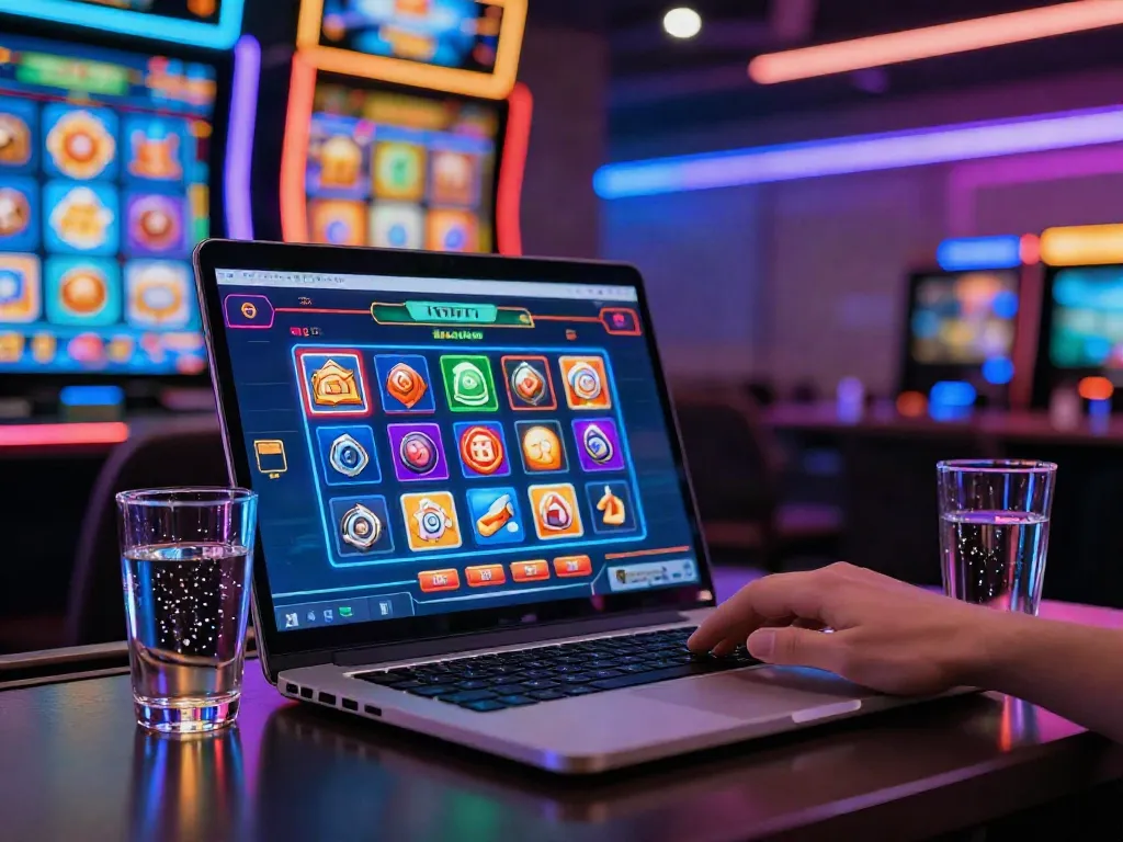 Intense gaming scene depicting a user immersed in an online casino not on GamStop, surrounded by vibrant gaming graphics and neon lights.