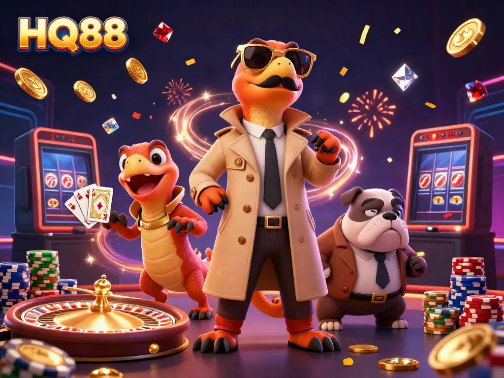 Experience thrilling gaming opportunities at HQ88 with cartoon raptors sneaking into a vibrant casino.