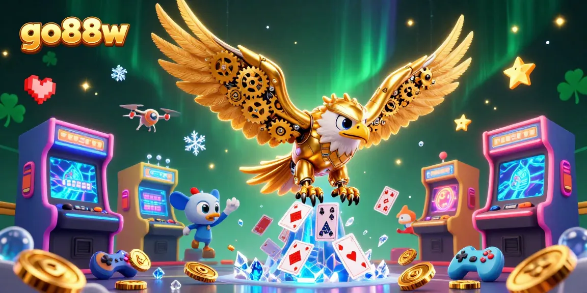 Experience thrilling slots and games at go88w with a dynamic eagle amidst casino icons.
