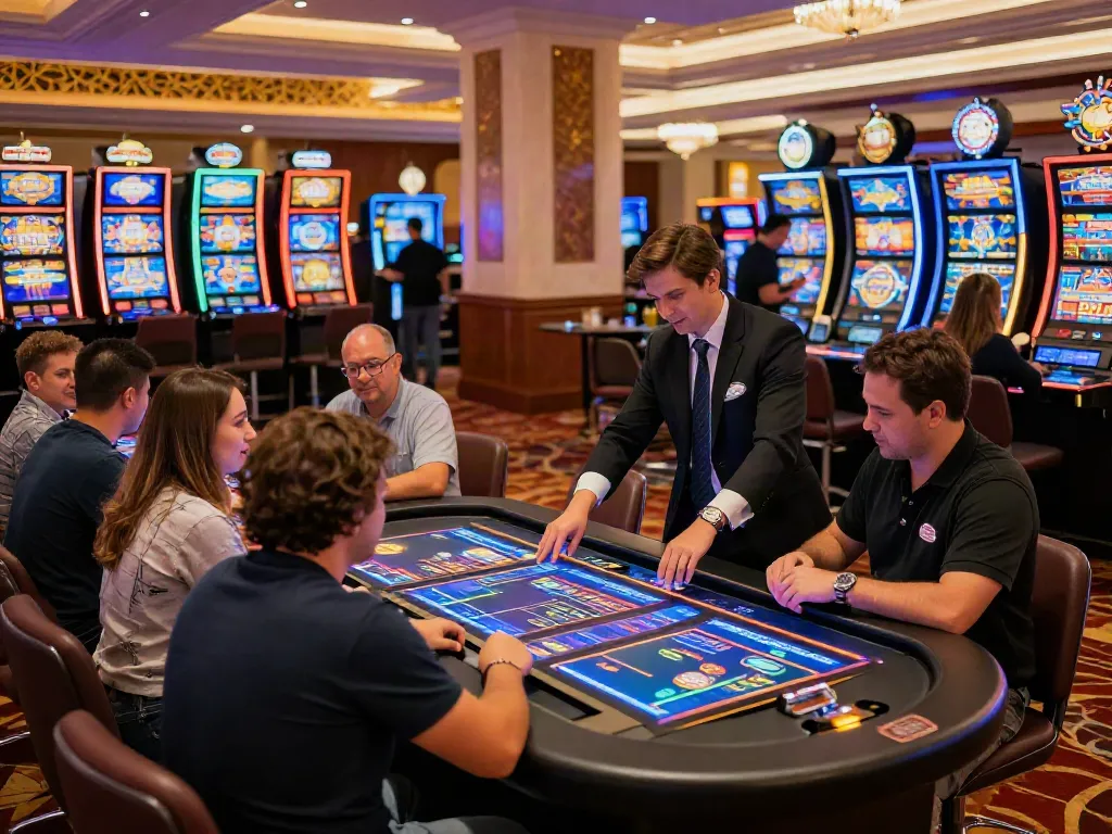 Engaging scene at a fast-payout UK casino not on GamStop, showcasing vibrant gaming tables and players.