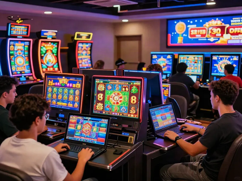 Players enjoying slots at a lively online casino not on GamStop, surrounded by exciting graphics.
