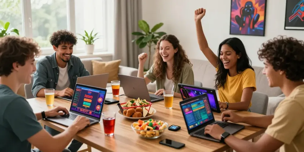 Friends enjoying a game night with a uk casino not on gamstop, laptops, and snacks in a lively living room.