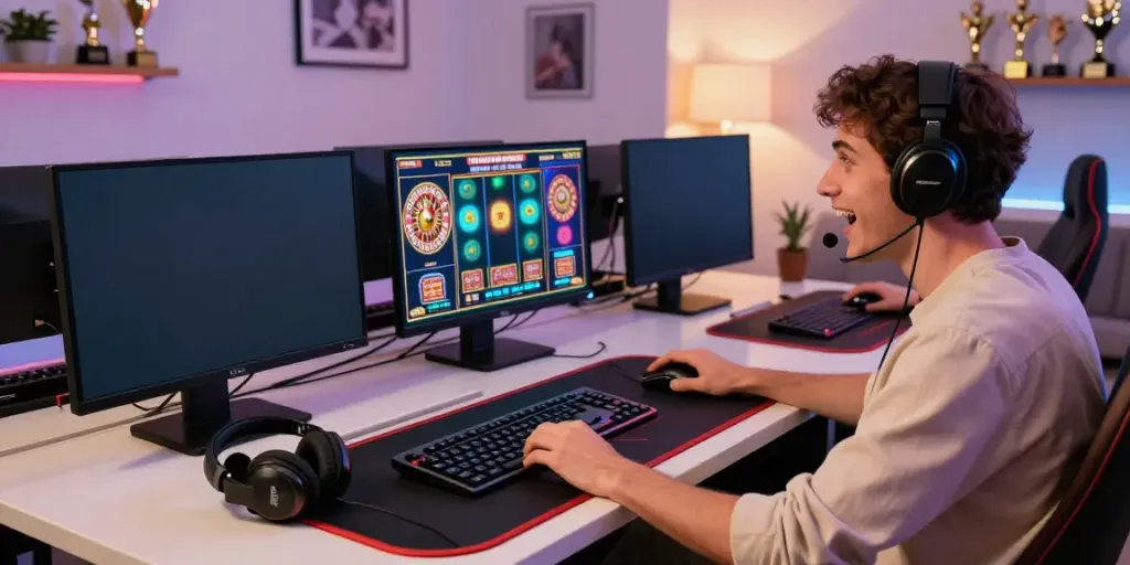 Player enjoying a vibrant online gaming experience at a stylish desk, highlighting uk casino not on gamstop.