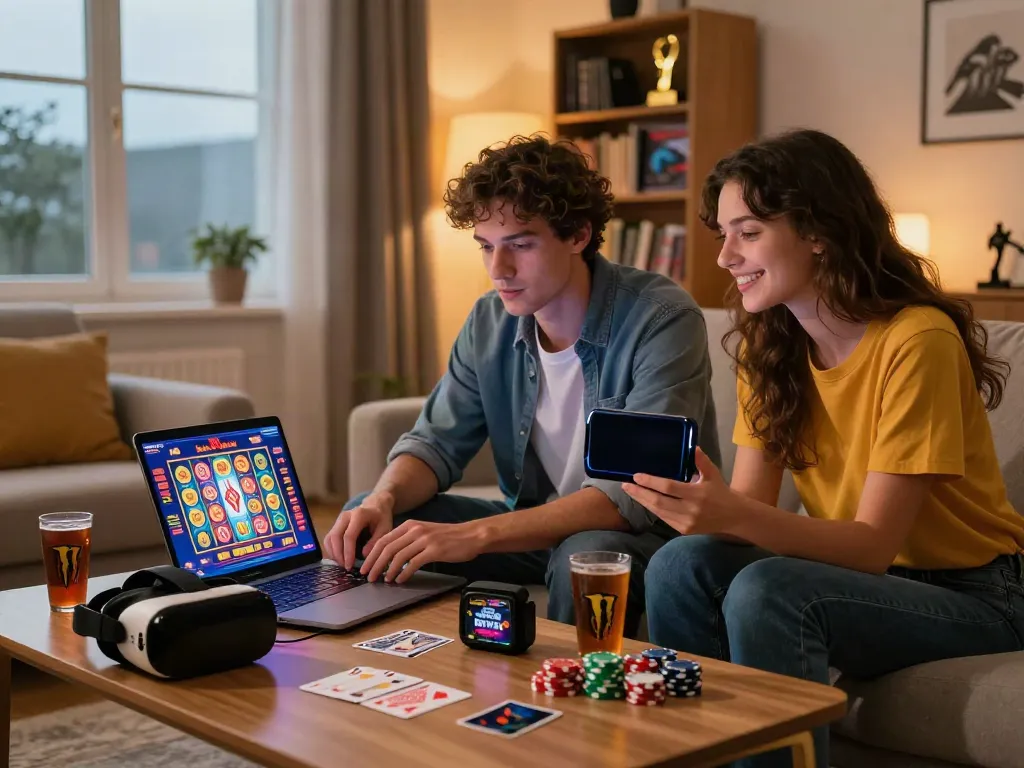Engaged players enjoying an online casino not on GamStop in a cozy living room.