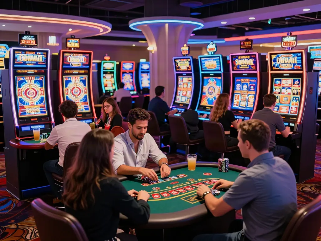 Exciting atmosphere of a UK casino not on GamStop, showing diverse players engaged in gaming activities.