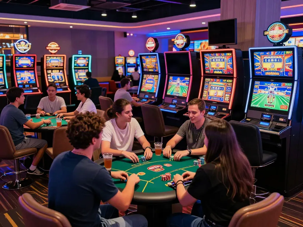 Exciting atmosphere in a UK casino not on GamStop with players at slot machines.