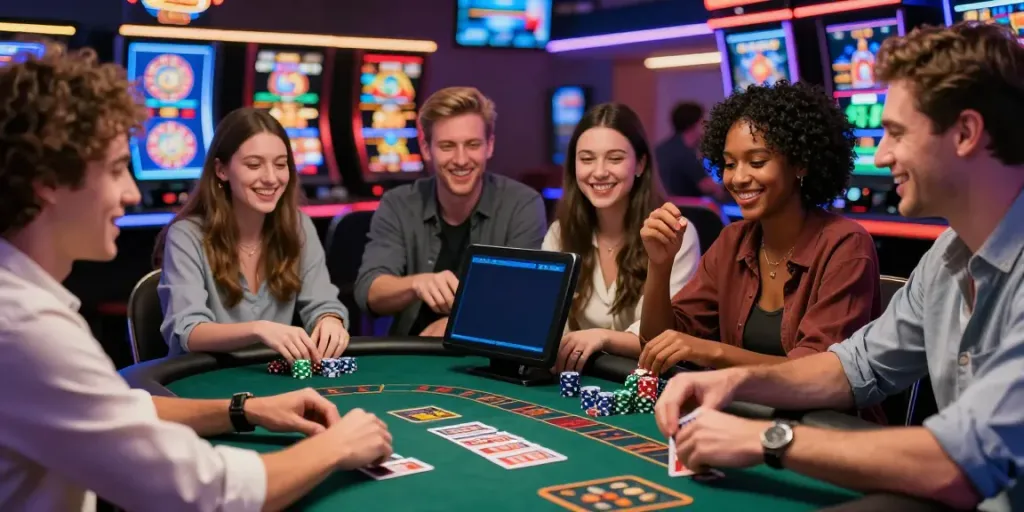 Exciting group of friends enjoying a night at a UK casino not on GamStop.