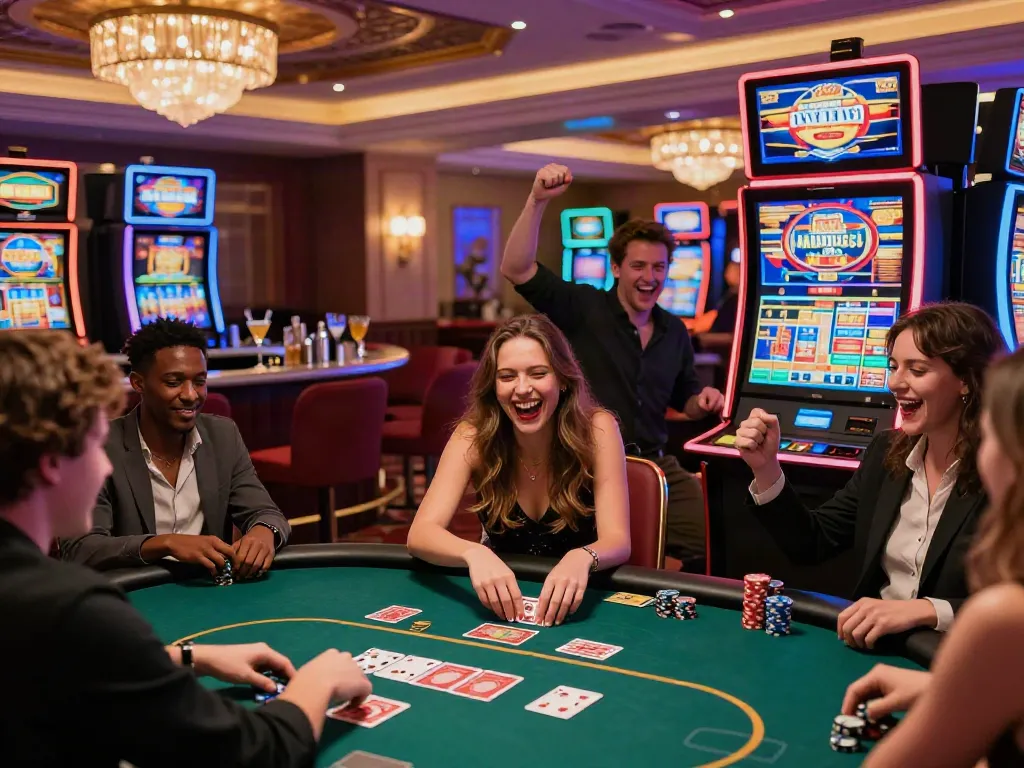 Exciting casino gaming night with friends at a UK casino not on GamStop, featuring colorful slot machines and vibrant atmosphere.