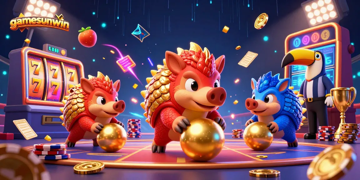 Experience gamesunwin excitement with animated pangolins and vibrant slot elements in a dynamic casino illustration.
