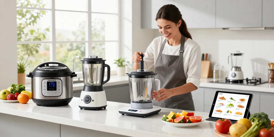 Home cook using smart kitchen gadgets like a mixer and scale in a bright, modern kitchen
