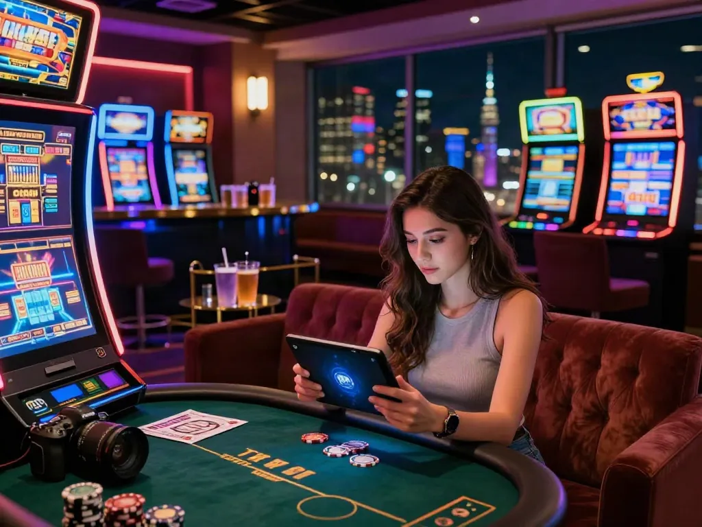 Exciting online casino scene with a woman playing poker on a tablet, featuring vibrant neon lights and a lively atmosphere. This scene reflects the allure of a UK casino not on GamStop.