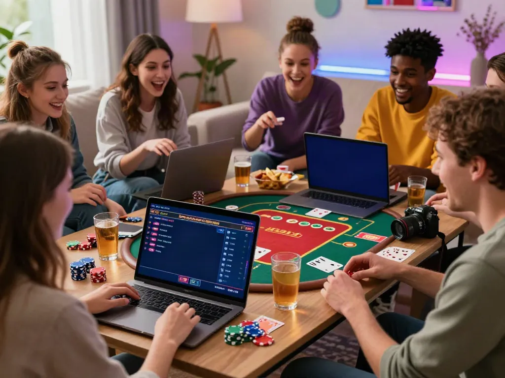 Diverse group of friends enjoying a live online game at a uk casino not on gamstop in a cozy living room setting.
