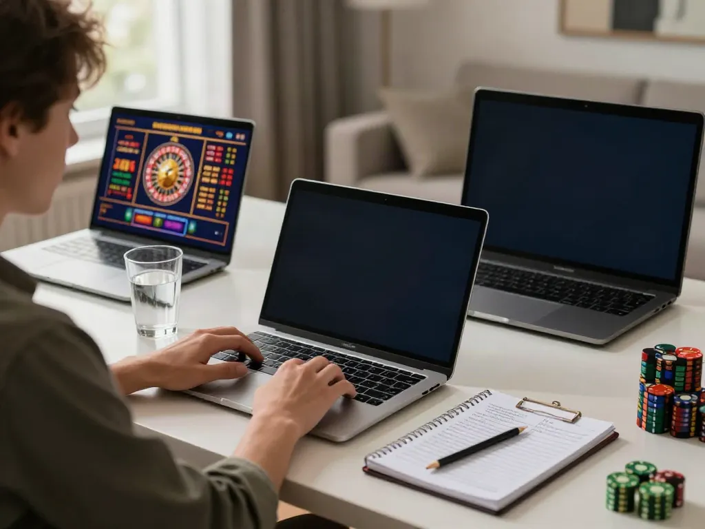 Engaging scene of a player at a laptop exploring options at a UK casino not on gamstop, with vivid gaming graphics visible.